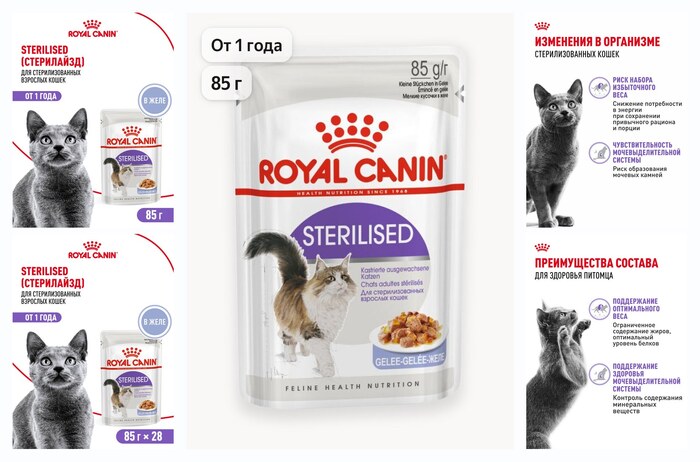 Влажный корм для стерилизованных кошек Royal Canin Sterilised, кусочки в желе, 28 шт по 85 г