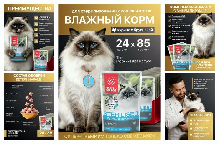 Влажный корм Blitz Sensitive, для стерилизованных кошек всех пород, курица с брусникой, кусочки в соусе, 85 гр/24 шт