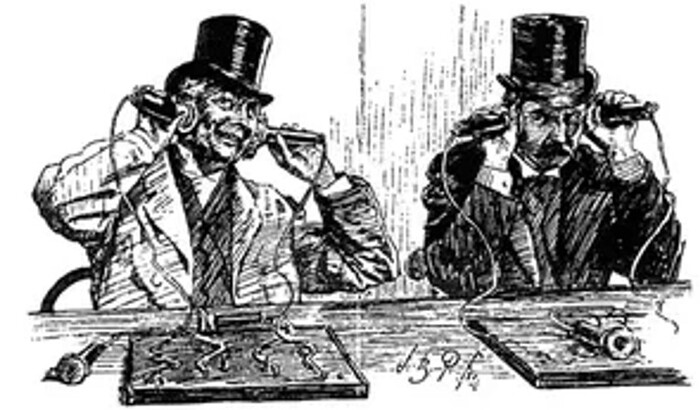Карикатура из британского журнала Punch (1877 год). Пока весь мир восхищался возможностью говорить на расстоянии, руководство государственной Почты уже подсчитывало будущие убытки от потери монополии.