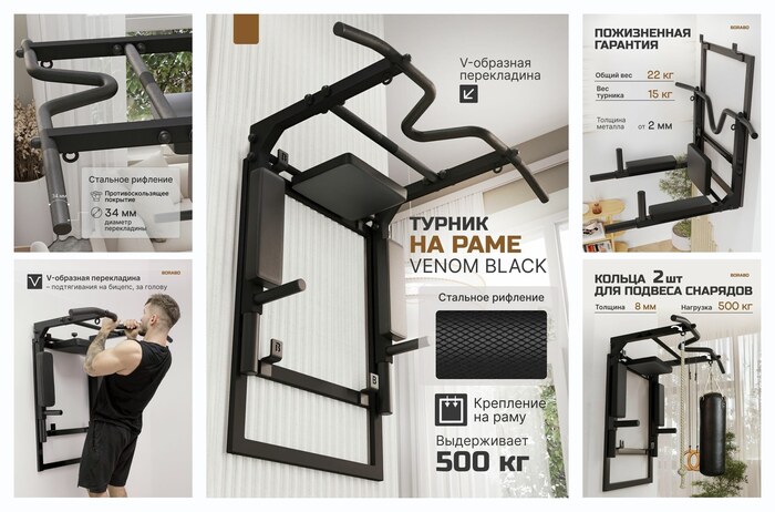 Турник настенный 3 в 1 VENOM BLACK, на раме
