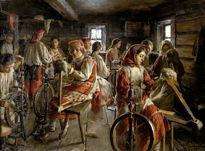 Казаков Иван Семёнович. Пряхи. Холст, масло. 66,5х89,5. 1899. Частная коллекция. Изображено русское село, но пряли везде одинаково.