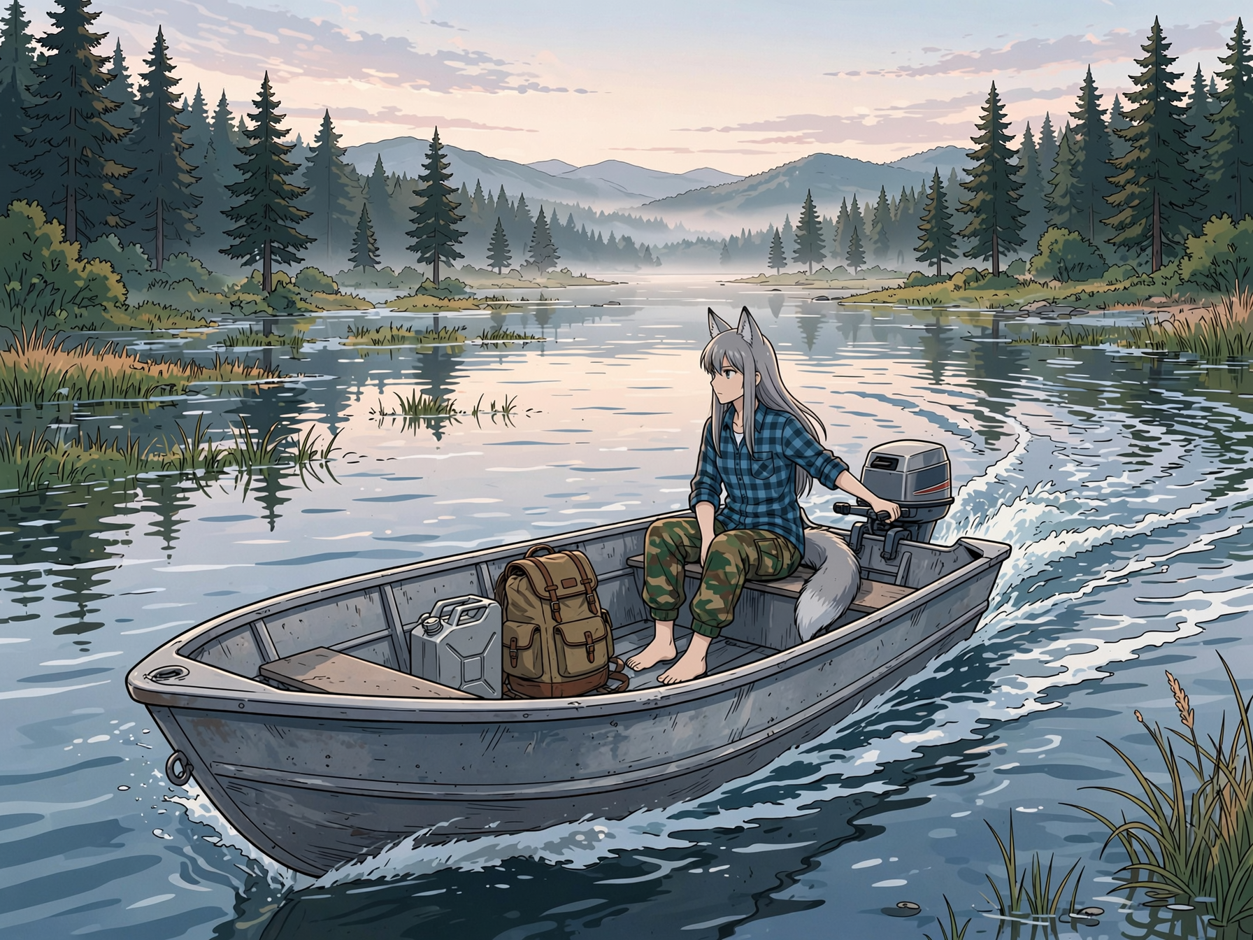 Helga and the Big Water - Anime art, Longpost, My, Art, Anime, Girls, Autumn, Hike, Animal ears, Tail, Kitsune, The mountains, Flood, Original character, Neural network art, River, Ginger & White, Neural Network Content, Series Ginger and Winter