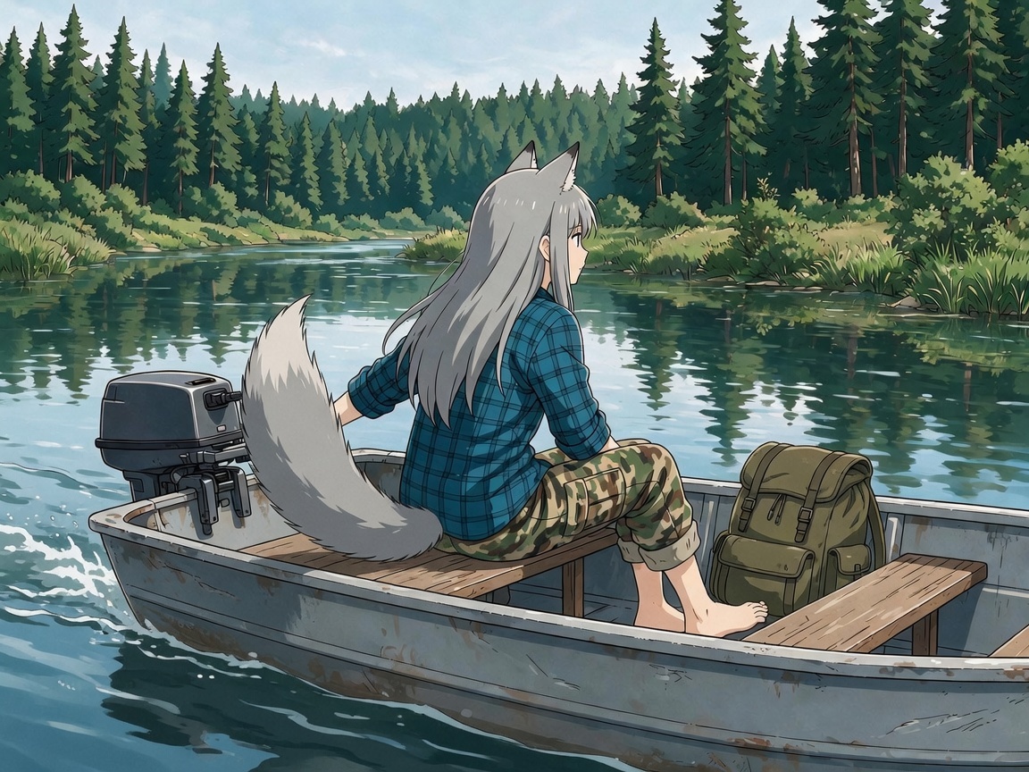 Helga and the Big Water - Anime art, Longpost, My, Art, Anime, Girls, Autumn, Hike, Animal ears, Tail, Kitsune, The mountains, Flood, Original character, Neural network art, River, Ginger & White, Neural Network Content, Series Ginger and Winter