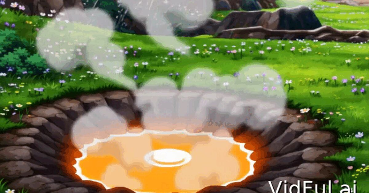 A bather emerges from orange hot water - Neural Network Content, Swimsuit, Bathing, Neural network art, Art, Hot water, Steam, Water, Water, Geyser, The hot springs, Crater, Anime, Meadow, Flowers, Blonde, Nature, GIF