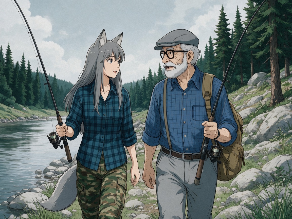 Helga and the Big Water - Anime art, Longpost, My, Art, Anime, Girls, Autumn, Hike, Animal ears, Tail, Kitsune, The mountains, Flood, Original character, Neural network art, River, Ginger & White, Neural Network Content, Series Ginger and Winter