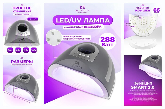 Лампа для маникюра MANITA MP-111 UV, 66 LED, сенсор движения