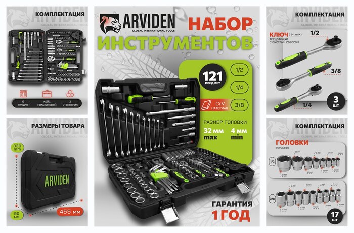 ����� ������������ ARVIDEN 1/2″, 1/4″, 3/8 121 ���������, CRV