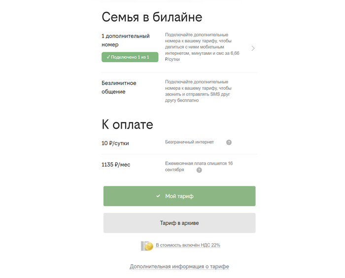 продолжение странички с тарифом, видим что подключен 1 доп. номер к тарифу, за что взимается плана 6.66р/сут и безграничный интернет за 10р/сут.