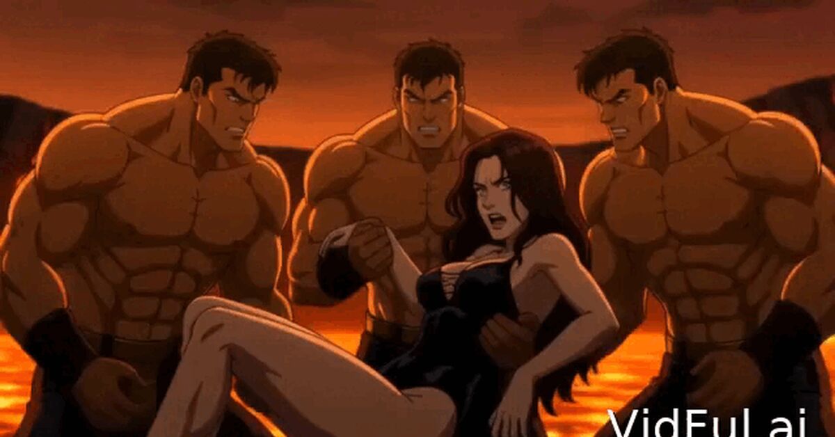 A woman is thrown into lava - Neural Network Content, Swimsuit, Anime, Lava, Men and women, Women, Men, Throwing, Fire, GIF