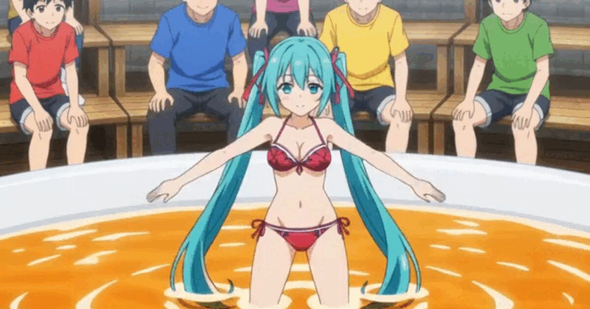 A girl bathes in front of successful gamers - Neural Network Content, Swimsuit, Bathing, Anime, Water, Bikini, Water, Swimming pool, Inflatable pool, Dancing, Benches, Spectators, GIF
