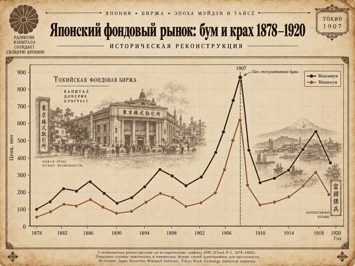 Динамика цен на японском фондовом рынке в 1878–1920 годах. Стилизованная реконструкция оригинального графика JSRI; максимум и минимум цен показаны по историческим данным.