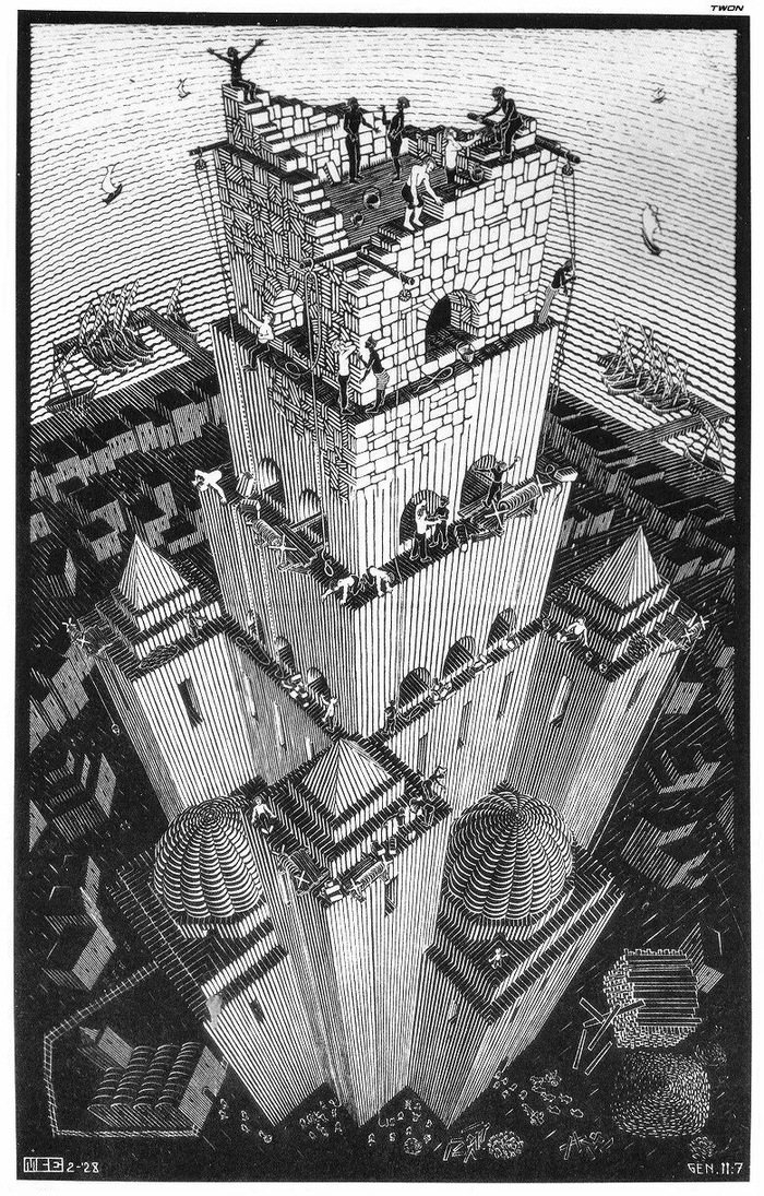 Ксилография Маурица Корнелиса Эшера «Вавилонская башня» (1928 год)