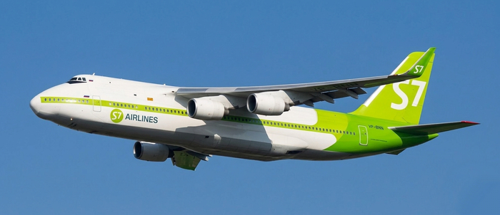 Ан-124 Руслан пассажирская версия S7 Airlines в полете. Авиа арт концепт Ан-127 с винглетами и импортными двигателями. Редкое фото самолета S7, гражданский Руслан Сибирь, дальнемагистральный лайнер, споттинг, What-If авиация.