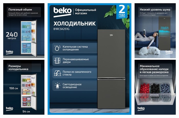 Двухкамерный холодильник Beko B1RCSK251G, 240 л, капельная система, темно-серый