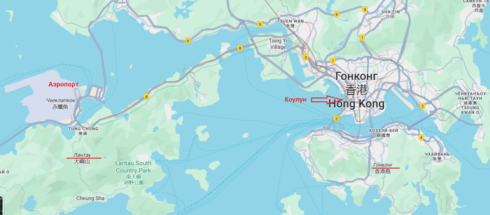 Полуостров Коулун (справа сверху), остров Гонконг (справа снизу) и большой Лантау (слева), куда приземляются самолеты. Всё остальное — это островки, паромы и наша предстоящая логистика