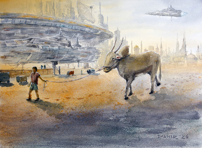 Священная гостья космопорта (Индия, XXVII век.), акварель, 37х27