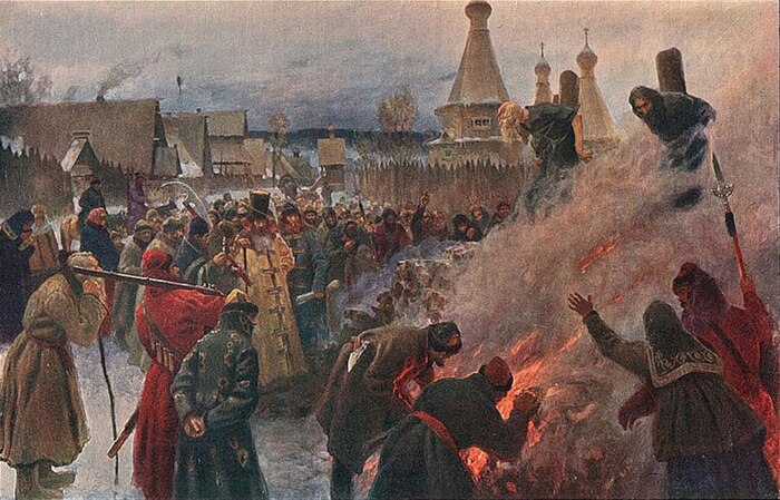 Картина 1892 года, изображающая сожжение в 1682 году старообрядческого лидера Аввакума и других в Пустозерске , Россия